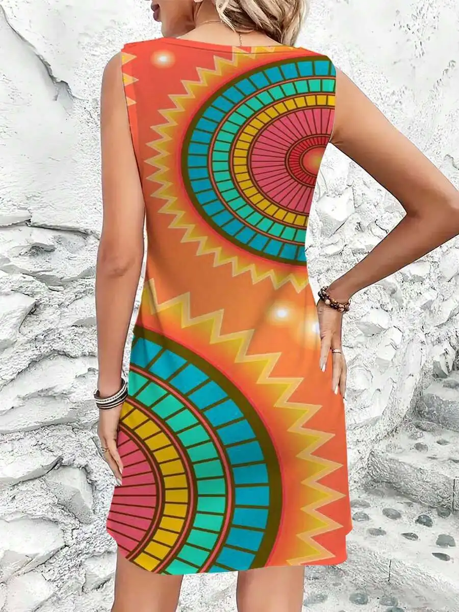 

Colorful Geometric Print Sleeveless Round Neck Dress For Women Casual Beach Vacation Dress