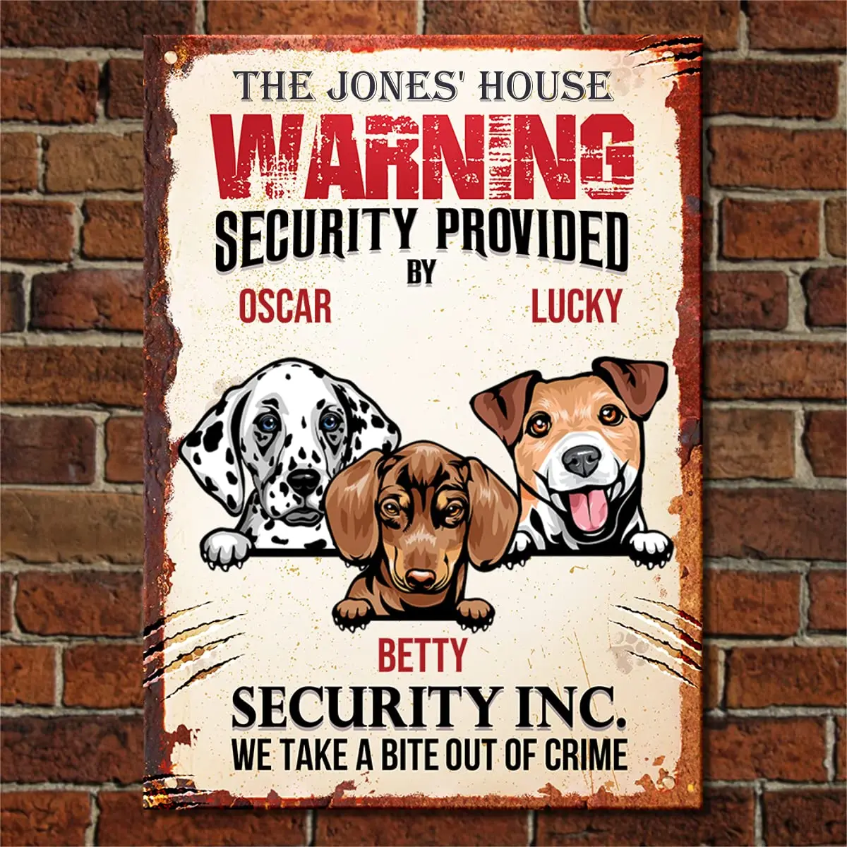 GadgetsTalk House Security Provided by The Dog - Funny Personalized Dog Metal Sign- We Take A Bite Out of Crime - Gifts for Dog