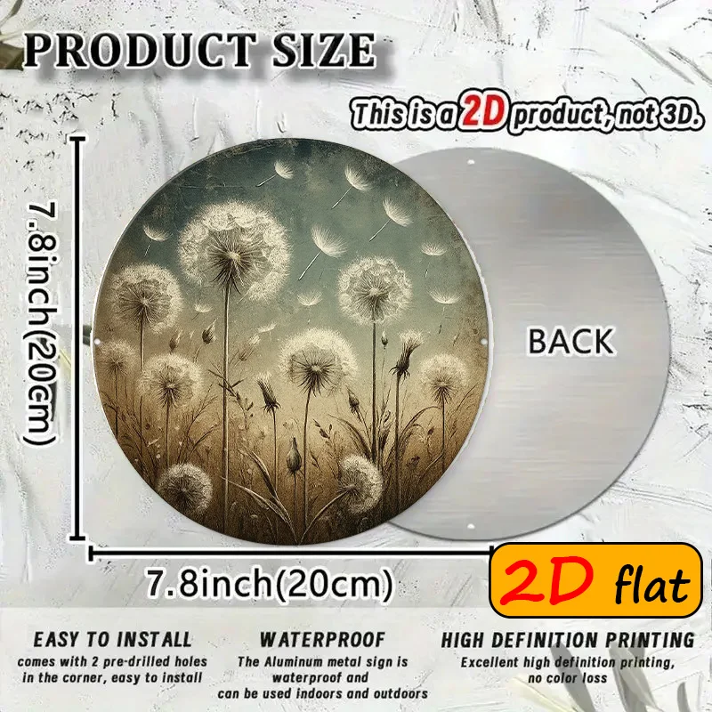 2D Flat, 2D/Flat, Pack of 1, Dandelion Pattern, Features Randomly Floating Dandelion Flowers, 7.87×7.87 Inch Aluminum Round Outd