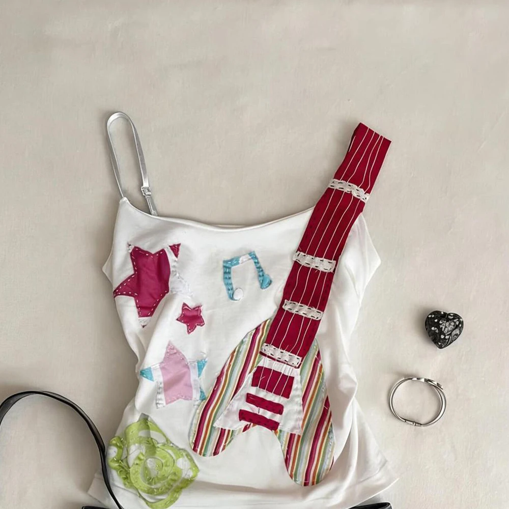 Summer Guitar Patch Asymmetric Strap Vest Women's Y2K Retro Star Printed Sleeveless Open Umbilical Top Sexy T-Shirt New Style