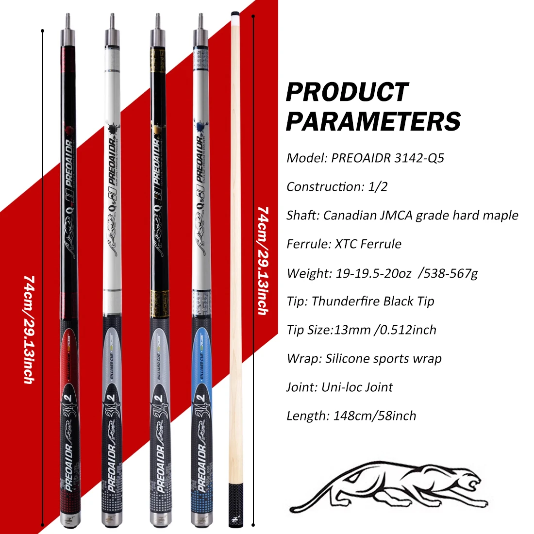 RREOAIDR 3142 Q5 Series 2-Pieces Pool Cue Stick - 58" Canadian Maple Professional Billiard Pool Cues Sticks with 13mm Low Deflection Shaft