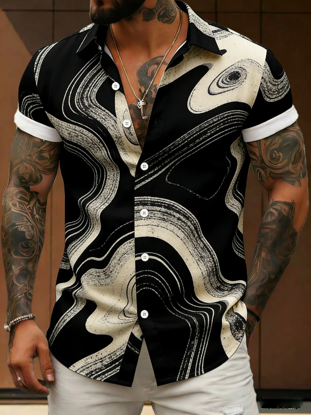 Men's Retro Ethnic Short-Sleeve Shirt Colorful Natural High-Definition Printed Shirt Hawaiian Vacation Outdoor Men's Clothing