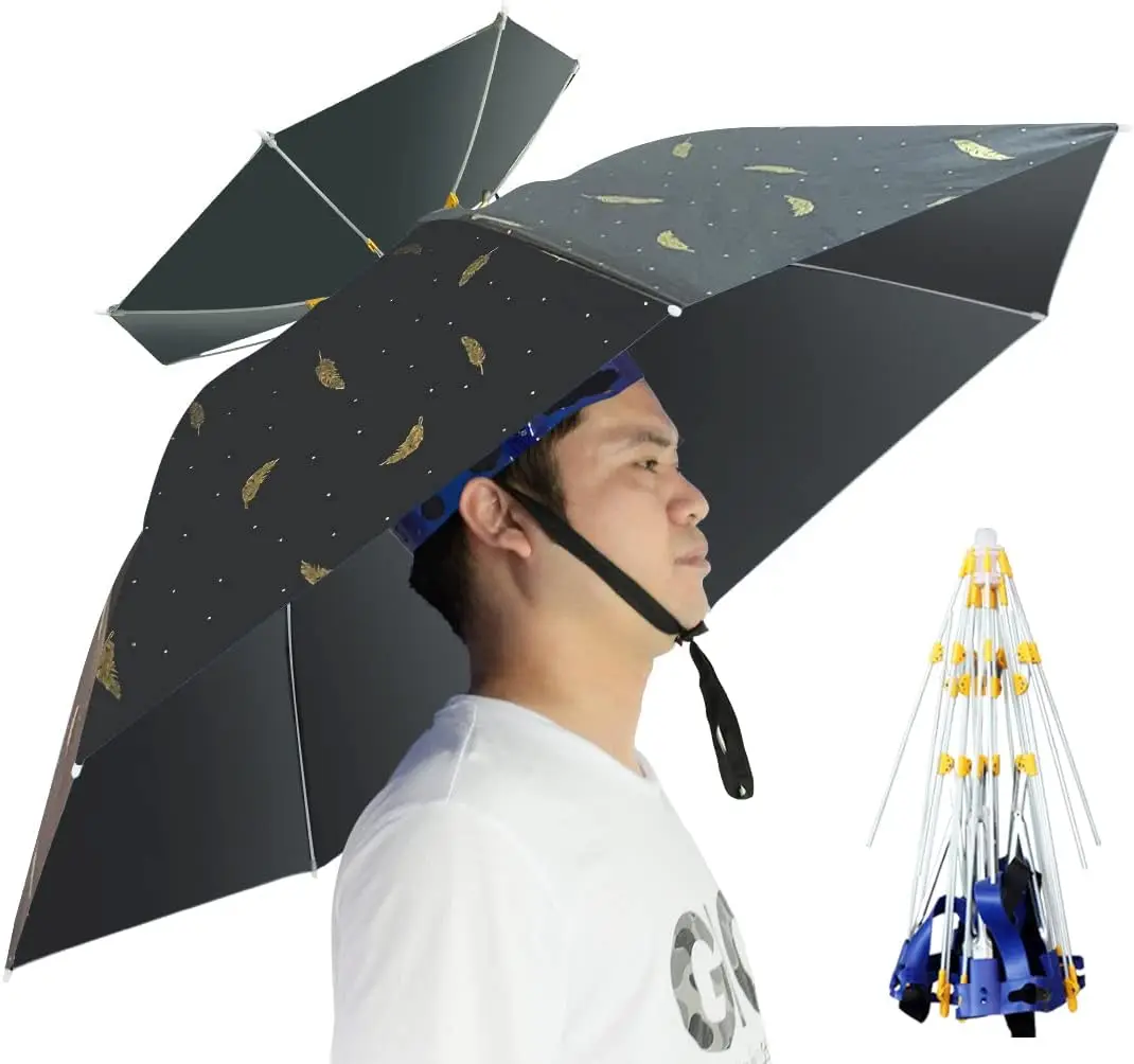 

Umbrella Hat Folding Adjustable Sun Rain Cap, 37.4” UPF 50+ UV Protection Large Hands Free Umbrellas, 7-Ribs Waterproof Headwear