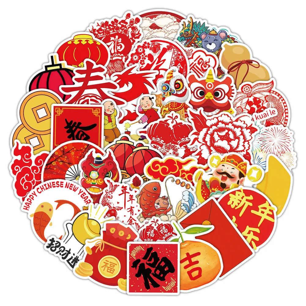

54PCS Chinese New Year Fun Lantern Firework Graffiti Sticker Creative DIY Stationery Box Scrapbook Luggage Guitar Decal Toy Gift