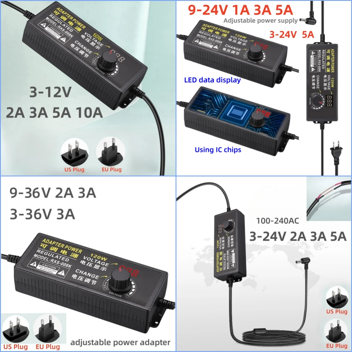 Adjustable Power Supply AC110V-220V To DC 3V 9V 12V 24V 36V Universal Adapter with Display Voltage Regulated Power Dimmer Switch