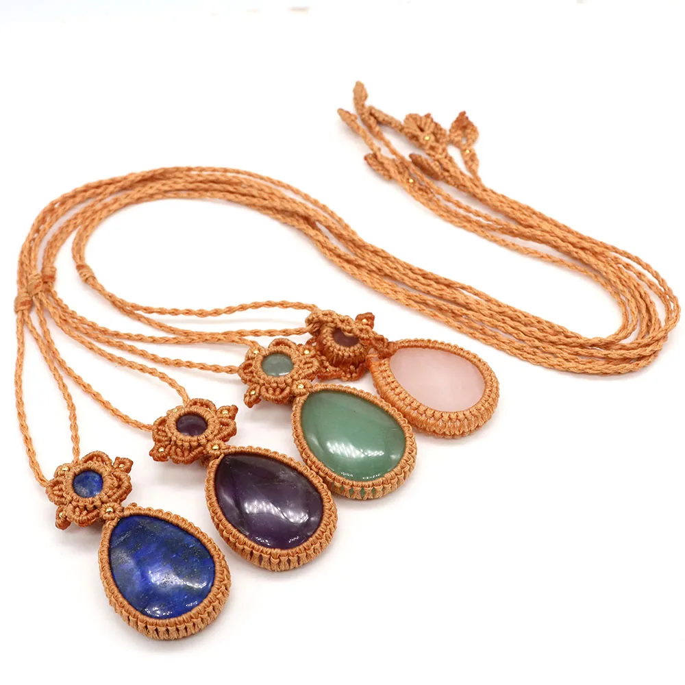Natural Stones Tear Water Drop Pendant Crystals Healing Handmade Thread Rope Wrap Braided Macrame Chain Necklace Jewelry Gifts