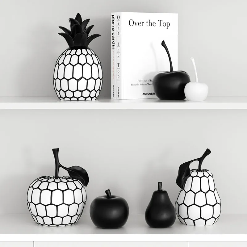 Modern Apple & Cherry Resin Figurine , Black‑White Geometric Apple Sculpture for Home Tabletop Decor Ornament