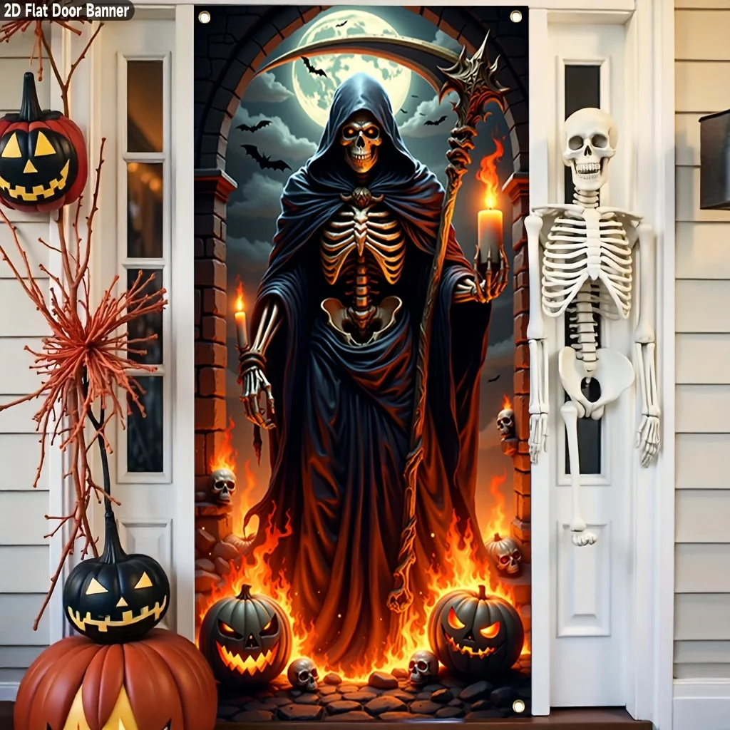Bannière 2D, 1 grand bannière Halloween Death God - une terrasse décoration de porche avec des flammes et des crânes