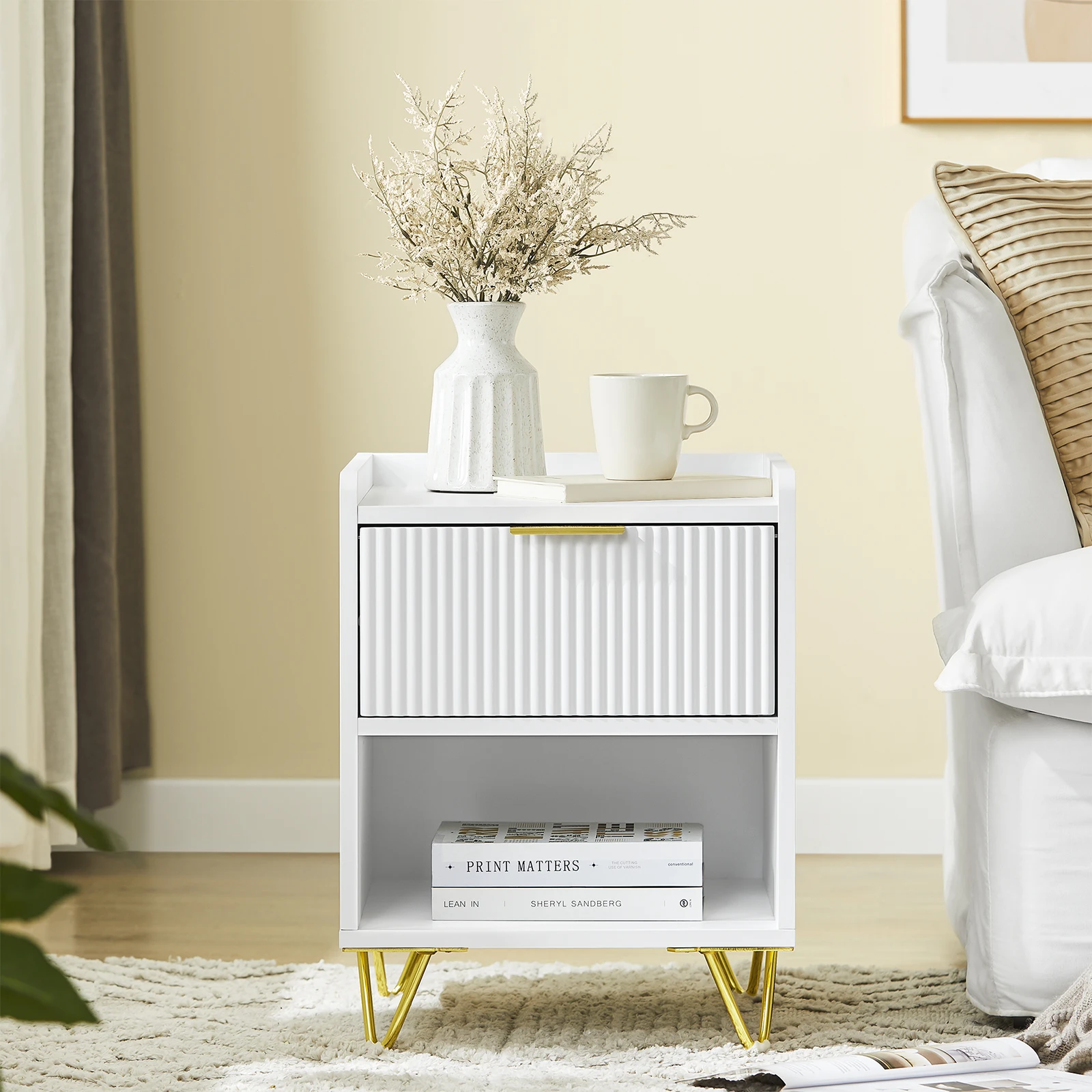 SoBuy FBT169-W Armoire de chevet avec tiroir et compartiment de rangement Table d'appoint moderne pour chambre et salon Blanc 40x40x51cm