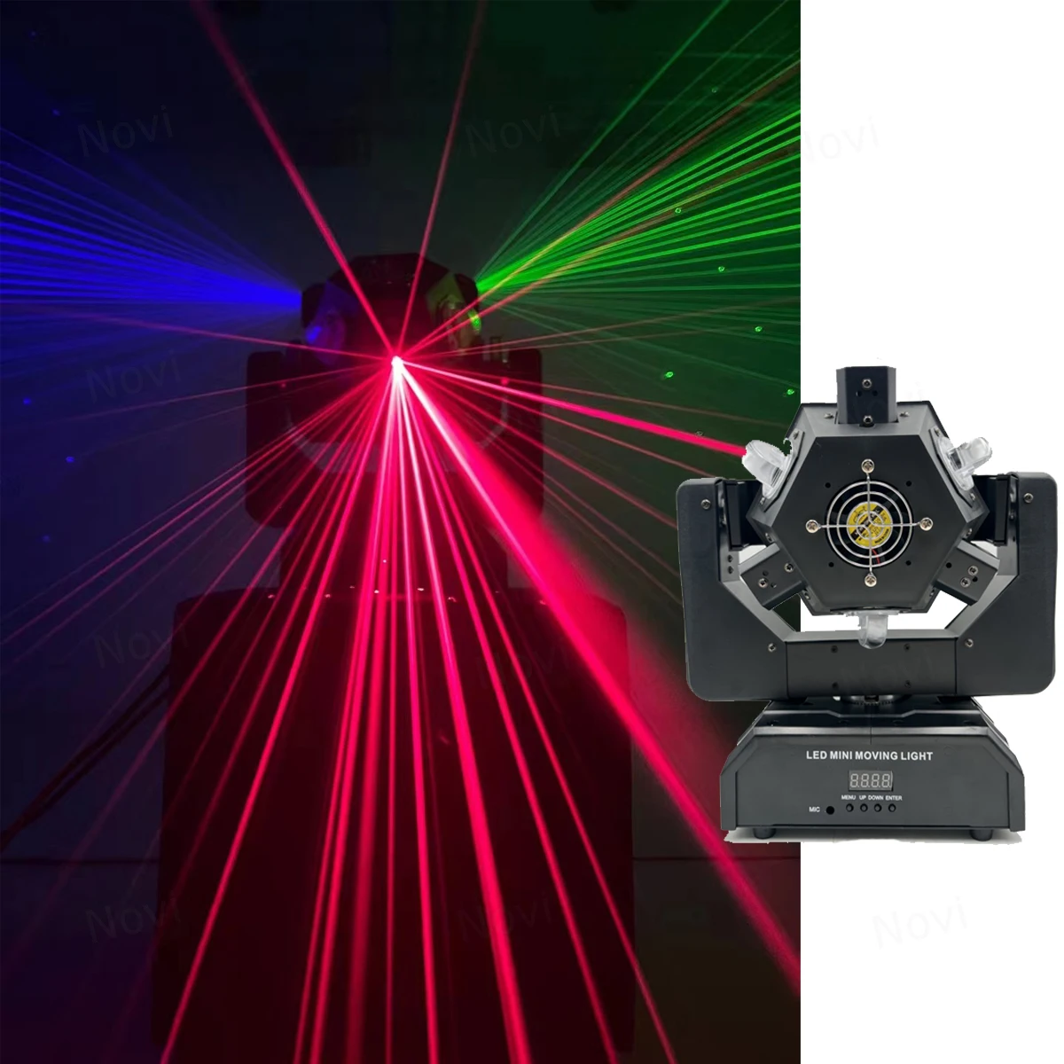 Multi-effect DMX512 Moving Head LED Light with Beam Strobe RGB Laser Star Firefly Pattern and Voice Control for Disco Party DJ