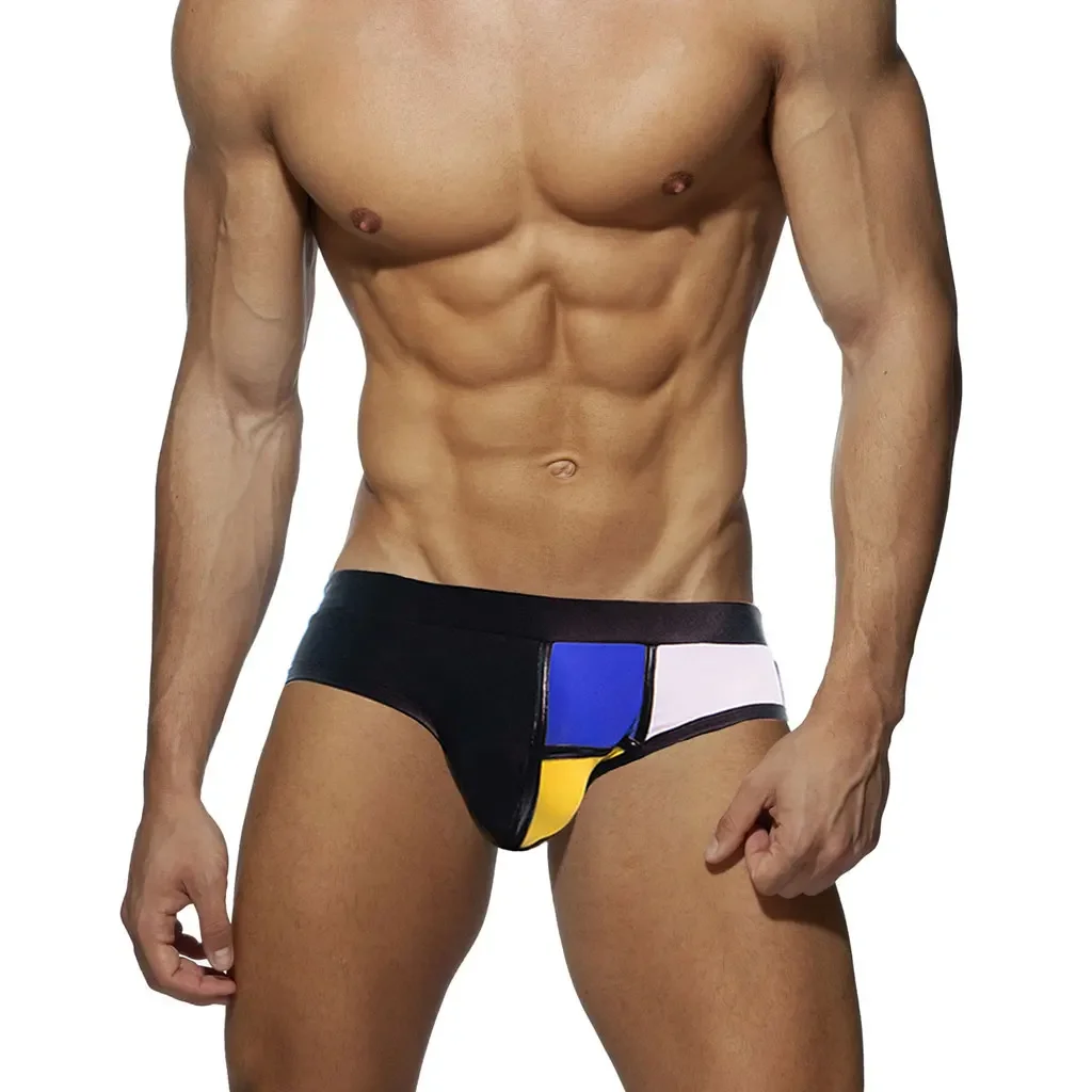 Swimwear Men Brief With Pad Low Waist Sexy Contour Pouch Bikini Swimsuit Waterproof Swimming Trunks Patchwork Gay Beach Shorts