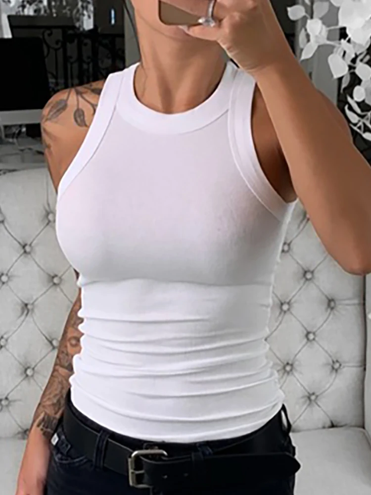 Women Solid Round Neck Ribbed Tank Top Camisole Women Summer Basic Elastic Tank Top O Neck Solid Tank Top