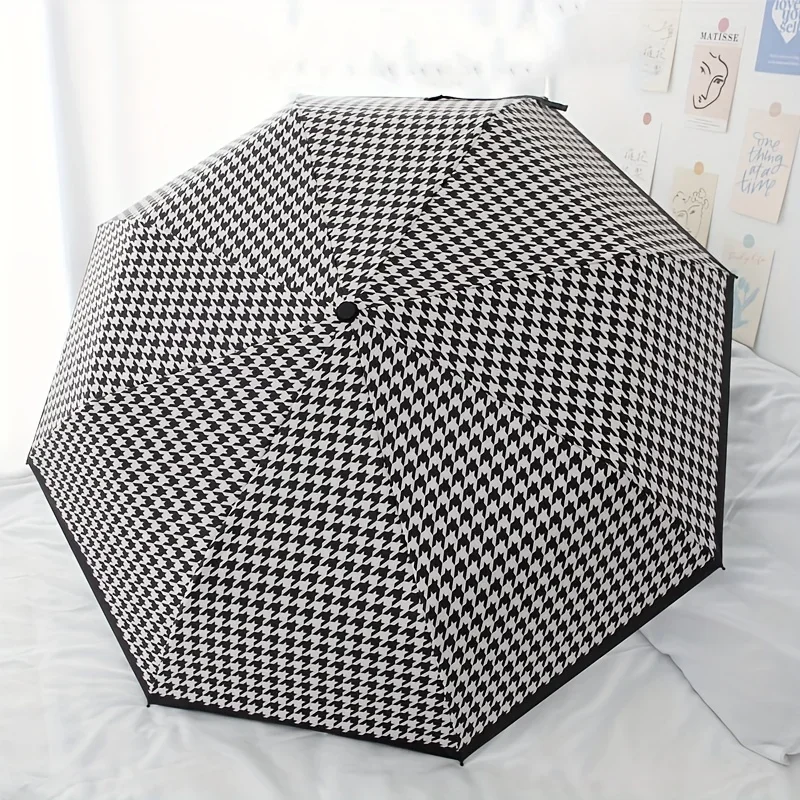 Houndstooth Automatic Umbrella Sun Protection Casual Minimalist Umbrella 1pc Wind Resistant and Portable Folding Umbrella