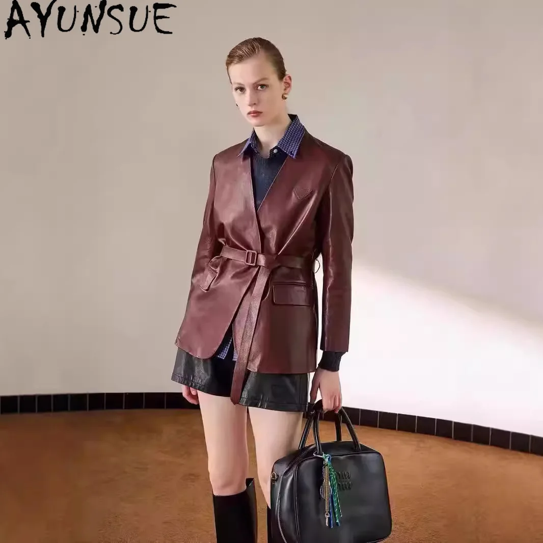 

AYUNSUE Real Leather Jacket Women Autumn Sheepskin Coat Woman Clothing Loose Fit New in Outerwears Belt Waist Jaqueta De Couro