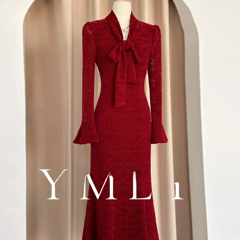 

Long Sve Wedding Dr Lace Fi Tail Red Slimming Women's Faion mid Waist Zipper Sle V Ne Wedding Ceremony Dr