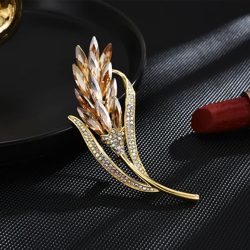 Elegant Wheat Crystal Brooches For Women Shiny Rhinestone Flowerpot Plant Pins Suit Clothes Fashion Show Luxury Accessories