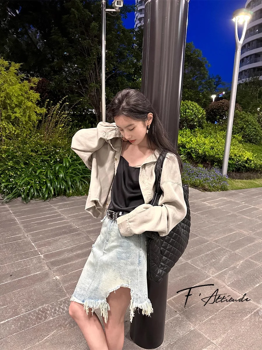 

Юбка с высокой талией в стиле Ro Girl, асимметричная, с разрезом, из денима, для повседневной носки, из хлопкового материала, короткая, А-силуэт