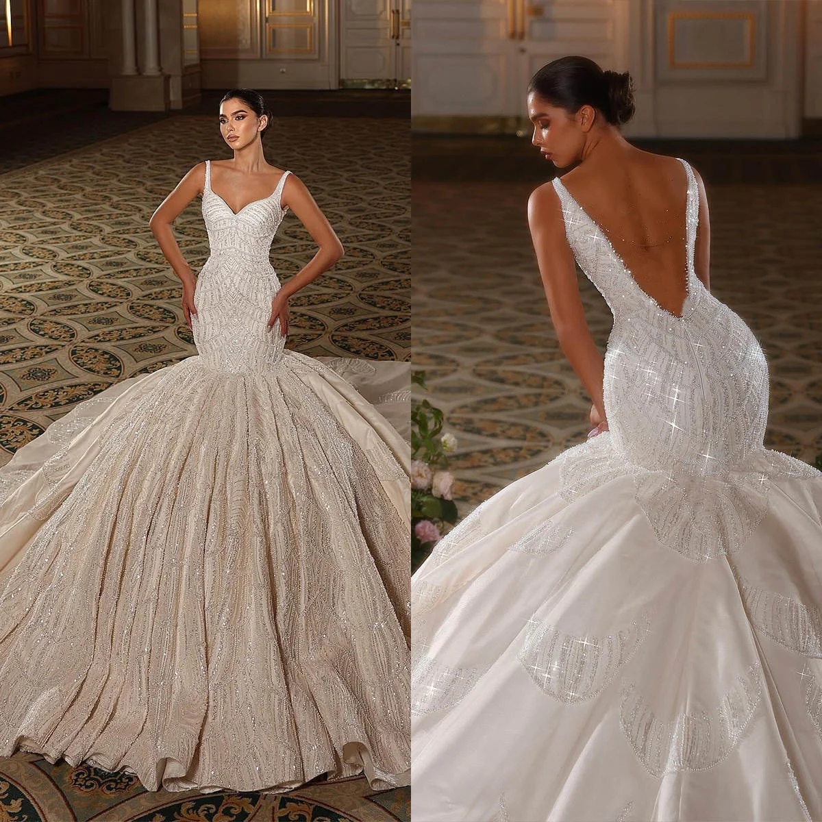 

Gorgeous Mermaid Wedding Dresses For Women Sweetheart Neck Sleeveless Bridal Gown Pearls Backless Sweep Train Customized Dress