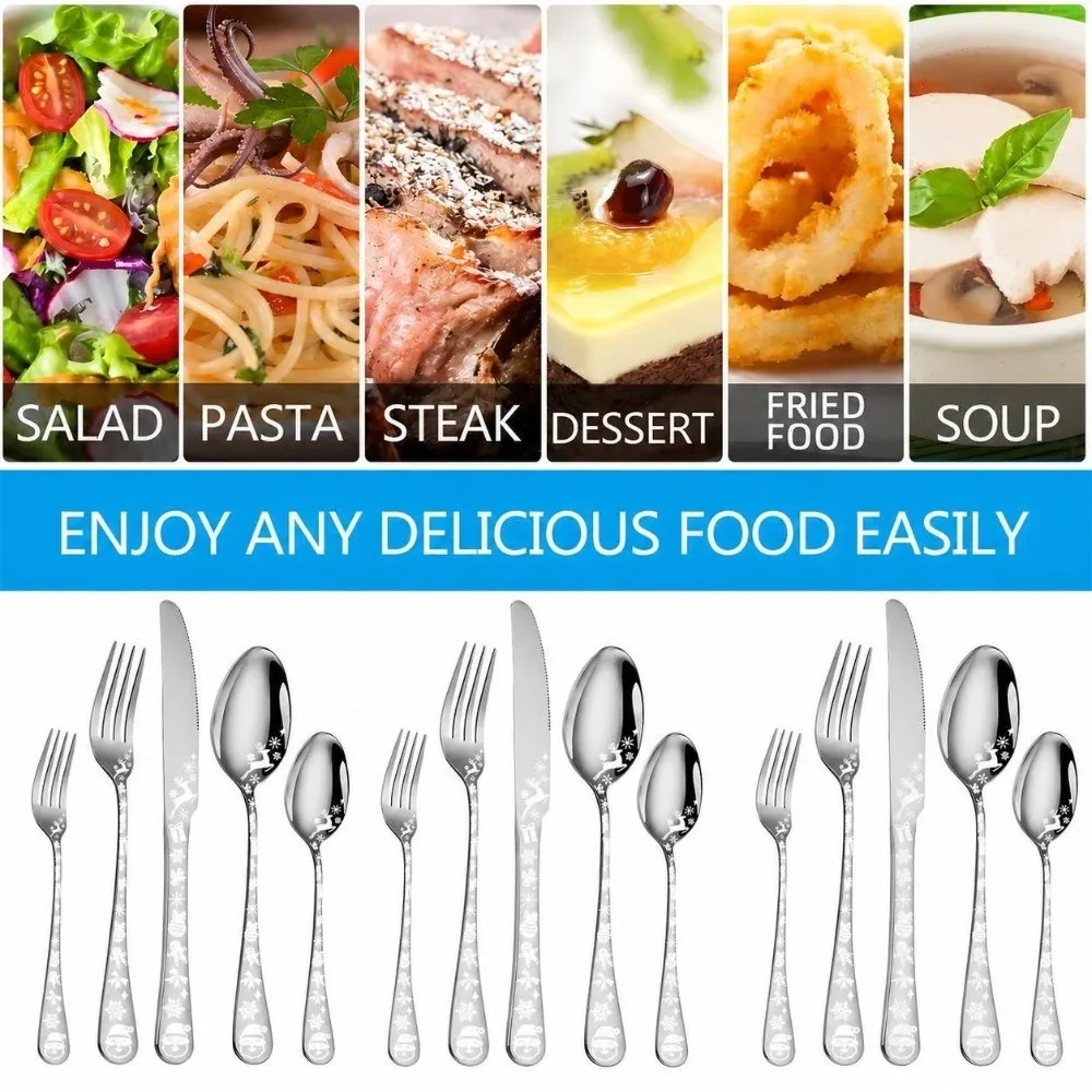 20 PCS Stainless Steel Silverware Set Round Edge Christmas Pattern Flatware Cutlery Set Easy to clean Silver