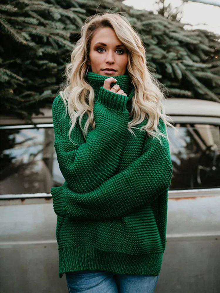 2025 Women Pullover Thick Autumn Winter Clothes Warm Knitted Oversized Turtleneck Sweater For Women's Green Tops Woman Jumper