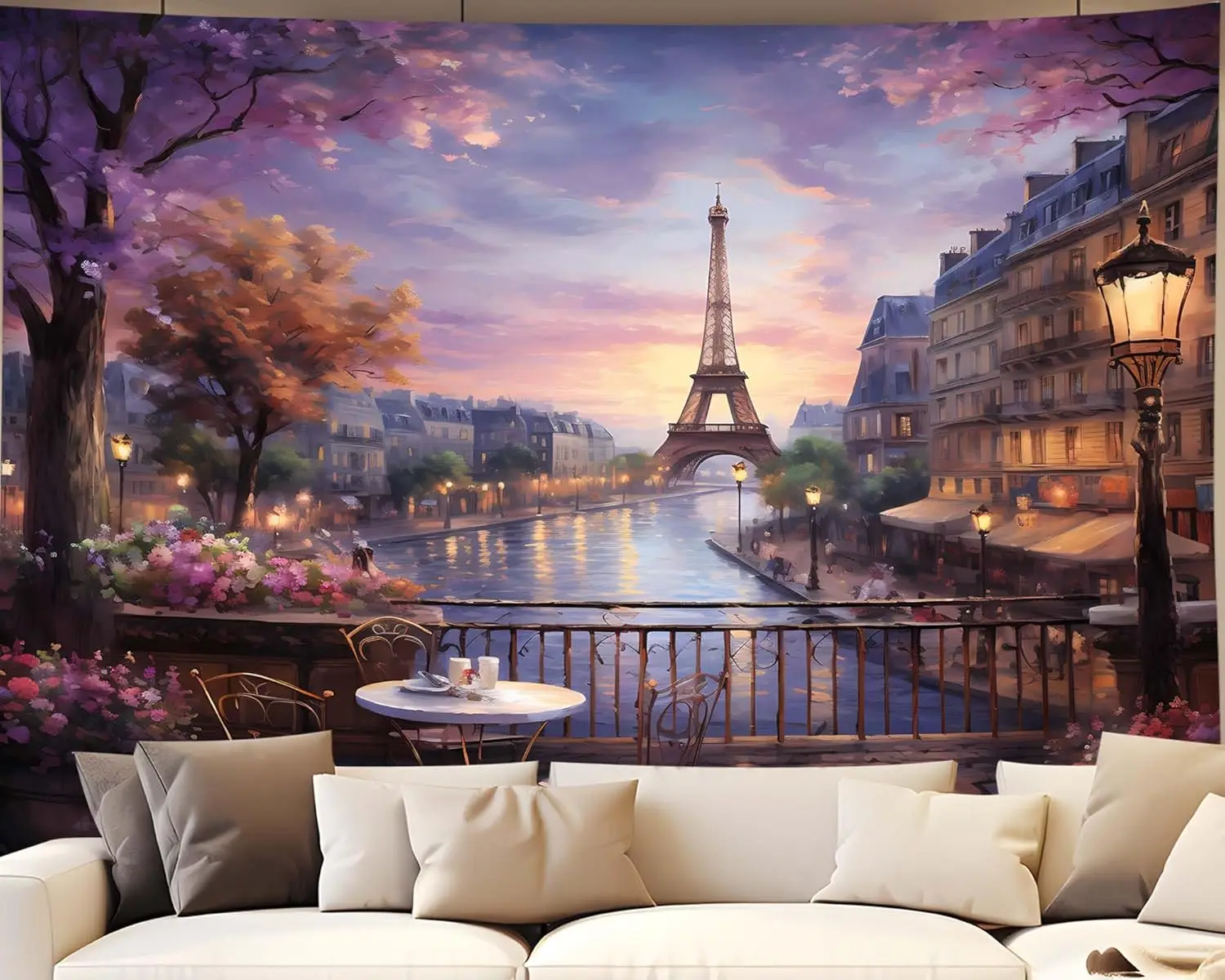 Paris Scenery Tapestry - Eiffel Tower & River View, Romantic City Wall Art, Living Room & Bedroom Decor, Multiple Sizes