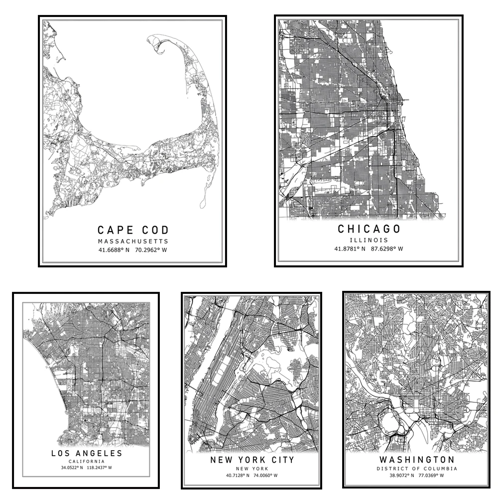 Washington DC, Chicago, IL, New York City, Philadelphia, PA, Los Angeles, CA, Cape Cod, Massachusetts map poster