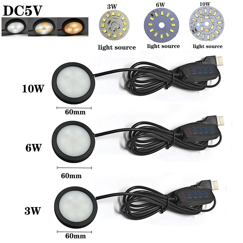 USB DC5V LED Dimming Under Cabinet Light 3W 6W10W 3 Colors Change Spotlight Surface Mounted Mini Circular Ceiling Portable Lamp