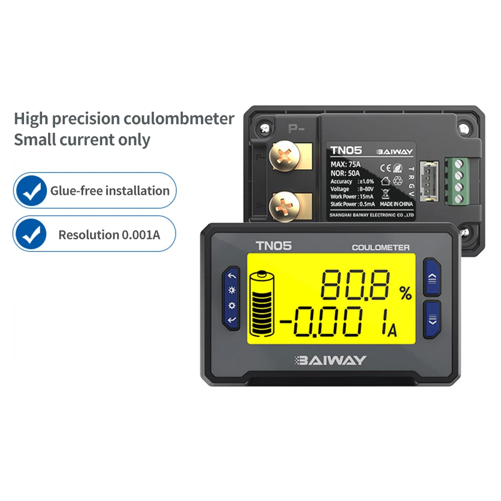 TN05 Battery Capacity Tester 8-80V 50A Built In Sampling Precision Coulomb Meter Battery Level Indicator Voltmeter Amperemeter