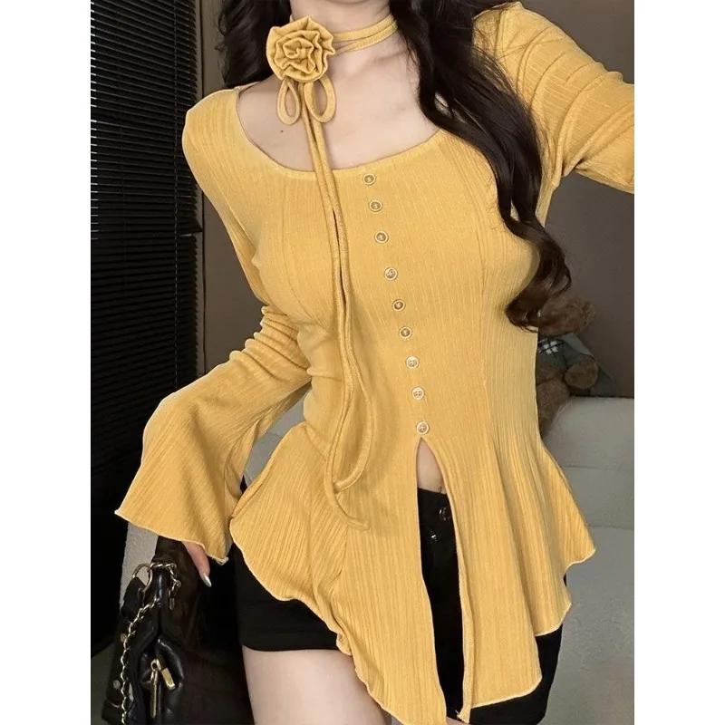 Autumn New T-shirt Irregular Horn Sleeves Celebrity Style High Sense Fungus Fairy Top Female Ins Exquisite Simple Personality