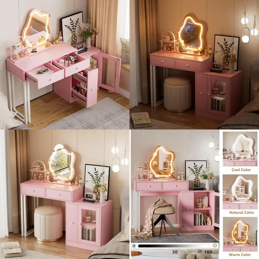 Adjustable Lighting Pink Makeup Vanity Desk with Mirror, Ample Storage, 3 Modes, Dressing Area