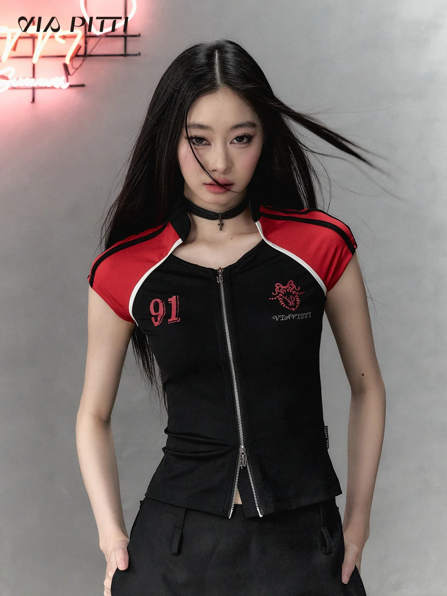 IMU Cool Girls Casual Sports Design Color Contrasting Zipper Slim Short Sleeve Tshirt Summer New Sexy Red Black Summer Top Tee W