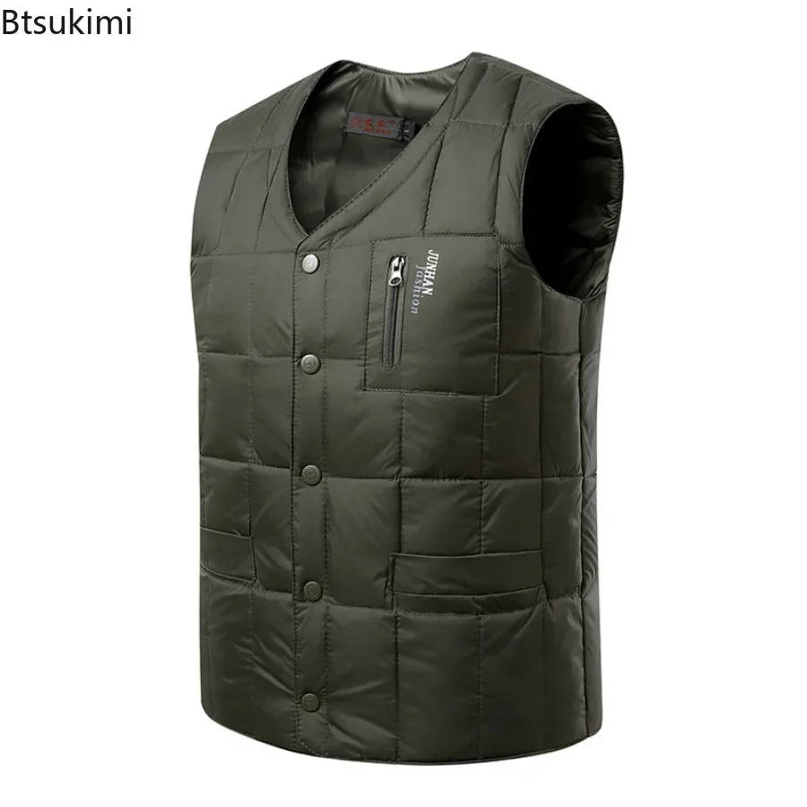 2024 White Duck Down Vests Men Winter Warm Sleeveless V-neck Solid Thicker Lightweight Waistcoat Jacket Fashion Casual Male Vest