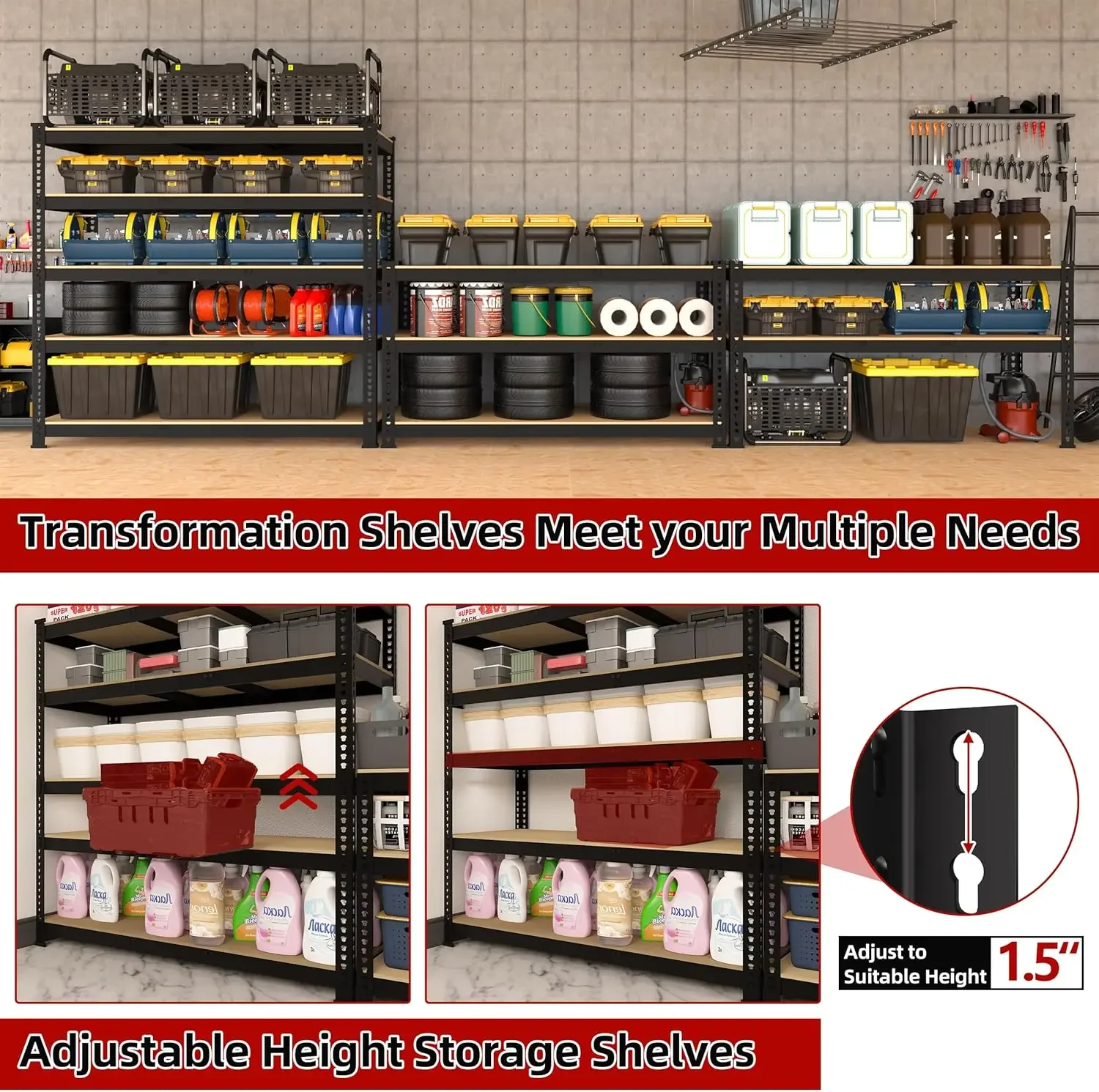 48" W x 24" D x 72" H Adjustable Garage Storage Shelves - 5-Shelf Heavy Duty Shelving Unit, Metal Utility Storage Organizer Rack