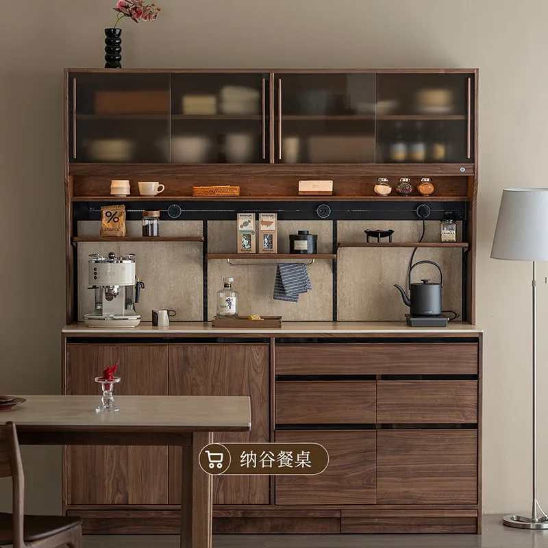 Side cabinet, black walnut furniture, solid wood floor-to-ceiling travertine rock slab, integrated storage cabinet against the w