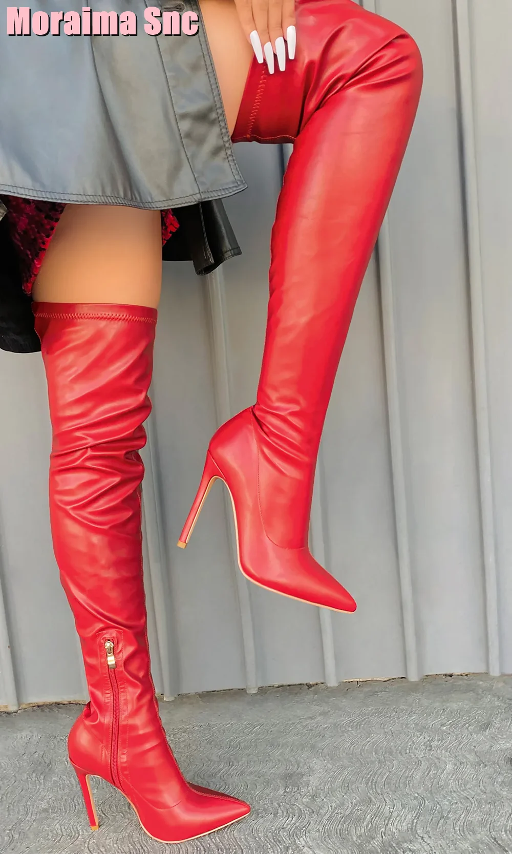 Pointed Toe Leather Thigh High Boots Stiletto High Heel Side Zipper Black Solid Sexy Women Long Boots Fashion Ladies Shoes 2023