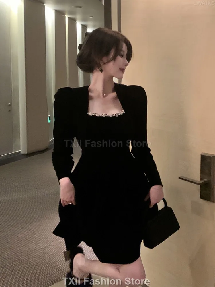 French Entry Luxury Heavy Industry Diamond-encrusted Waist Square Collar dress Autumn Winter High-end Party Dress Velvet Skirt