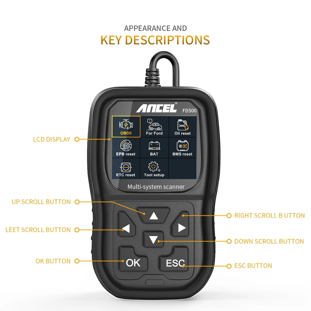 ANCEL FD500 OBD2 Scanner Full System Code Reader OBD 2 with Engine ABS SRS EPB/Throttle Oil Reset Car Diagnostic Tool for Ford