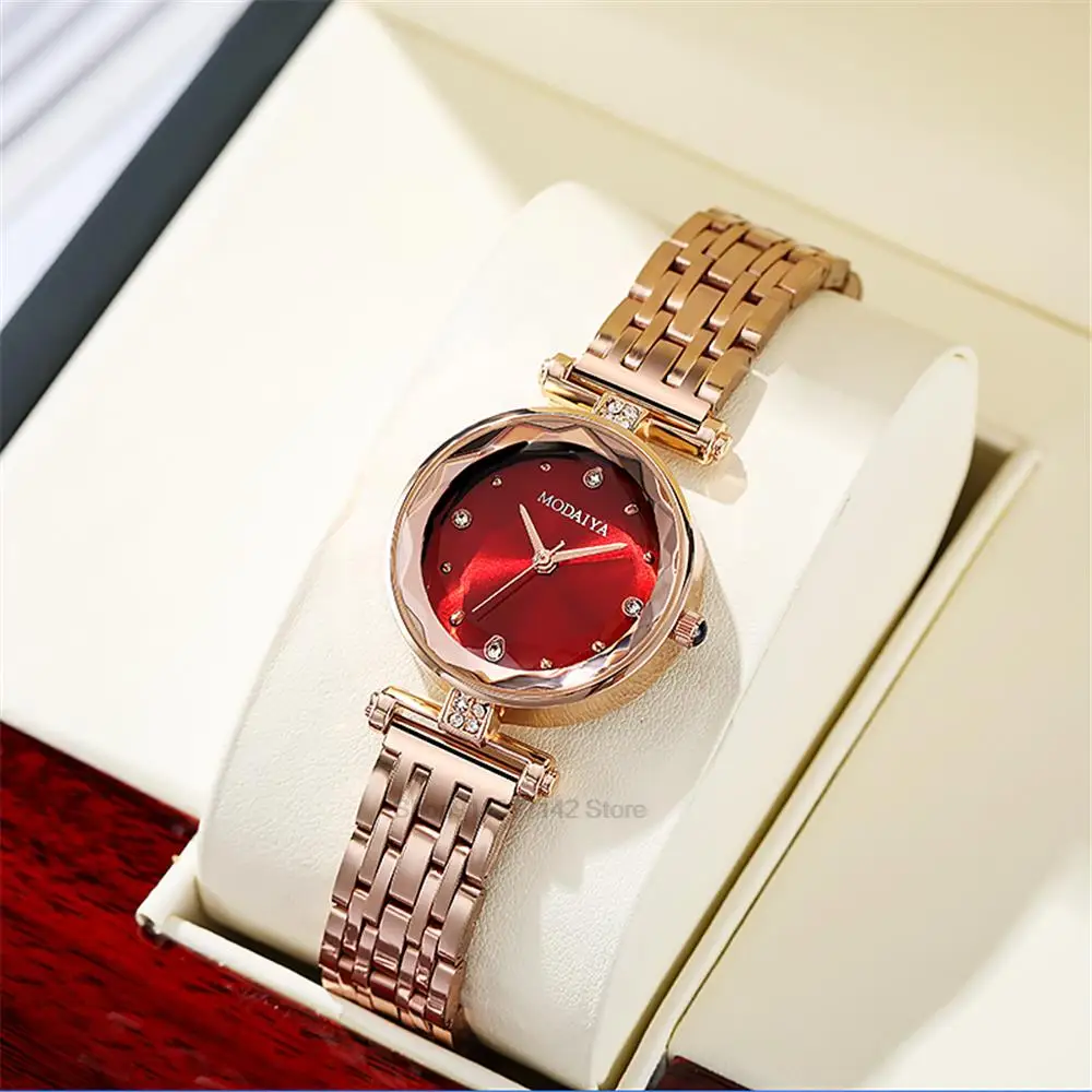 Luxury Branded Refined Red Ladies\' Diamond-set Alloy Quartz Watch Fashion Women Plating Stainless Steel Strap Gift Clock