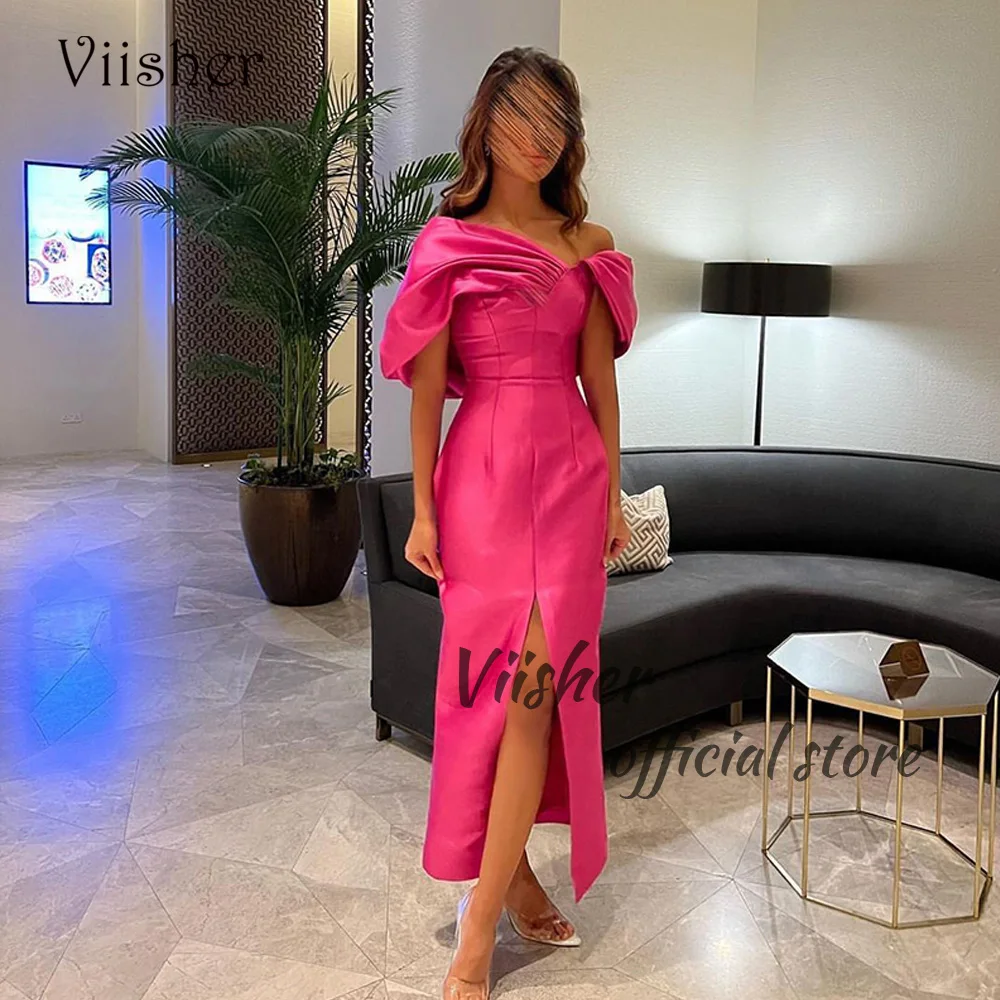 

Viisher Fuchsia Satin Mermaid Evening Dresses Off Shoulder Front Split Tight Long Formal Prom Dress Floor Length Evening Gown