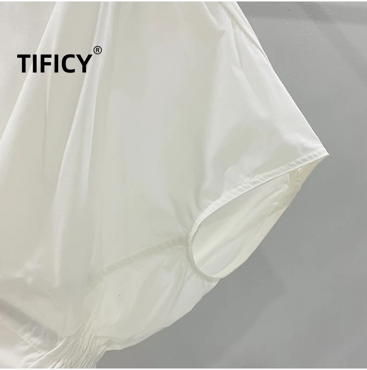 TIFICY High Street Cotton Blouses Women's Drawstring Waist Cinching Loose Solid Color V-neck Short Sleeved Casual Shirt Top