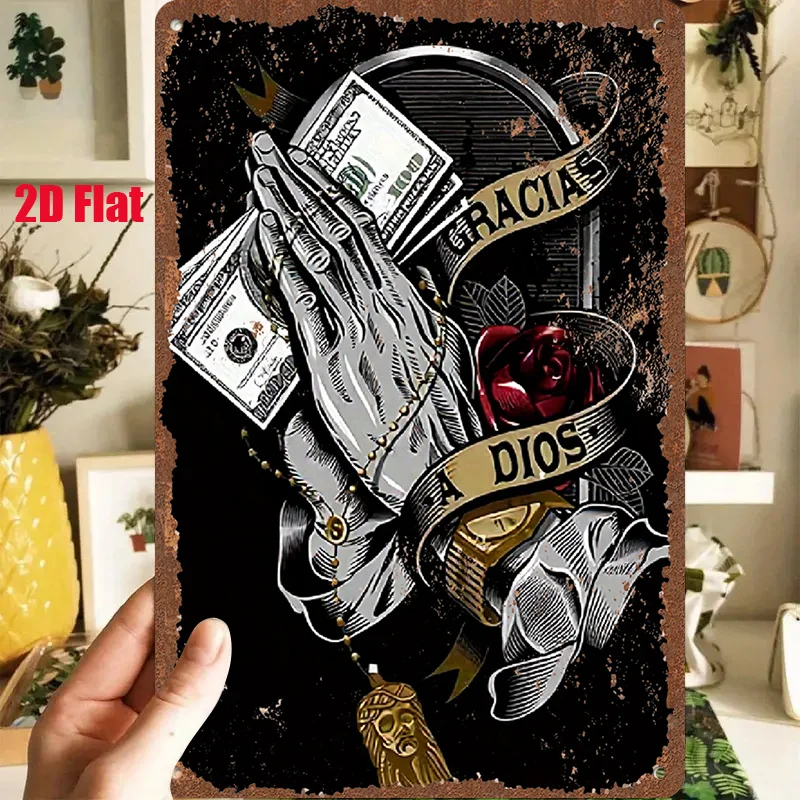 2D Metal Sign Blessed Hands Money Rose Vintage Tin Plaque