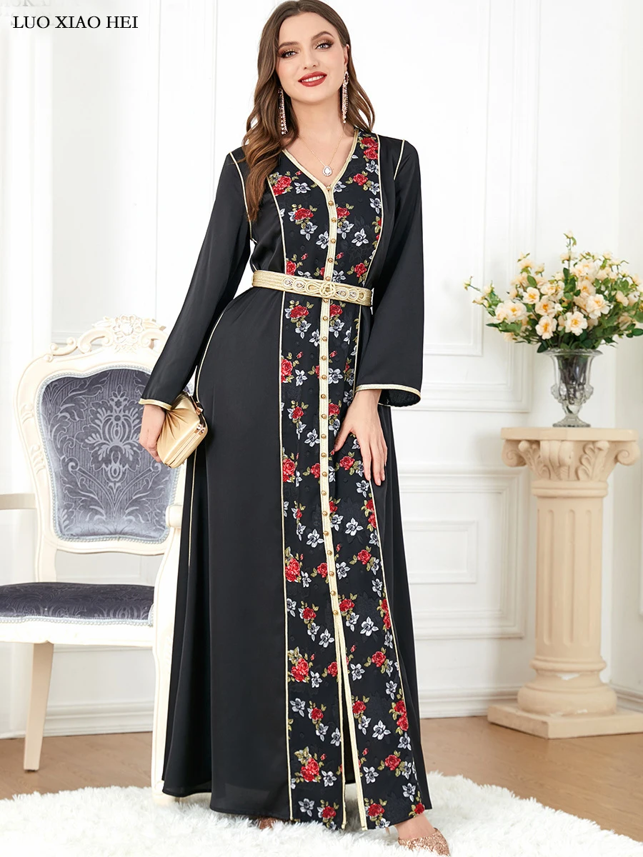 

Prom Dresses 2023 Floral Embroidery Belted Kaftan V-Neck Beading Party Dress Jalabiyat Ramadan Abaya Clothes For Women