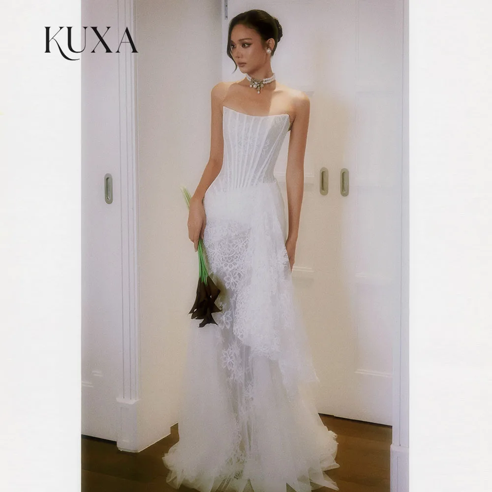 KUXA Customized Strapless Corset Lace Wedding Dress Bone Bodice Asymmetrical Layered Tulle Bridal Gown With Sweep Train 2027