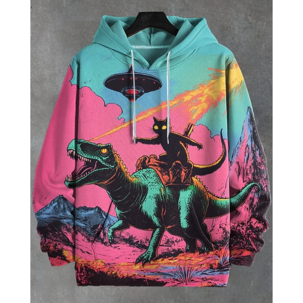 2026 Men's Hoodies Funny Cat Dinosaur UFO Art 3D Printed Cartoon Sweatshirt Men Women Tracksuit Oversized Casual Street Y2k Coat