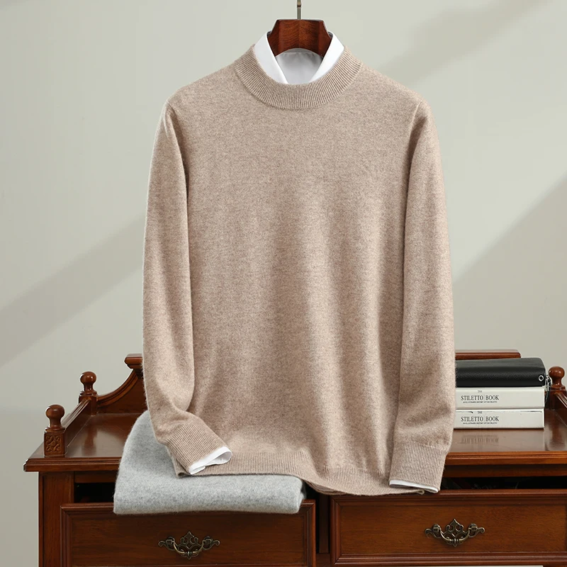 Men's Half-High Collar 100% Cashmere Sweater Autumn New Solid Color Knitted Pullovers Business Casual Loose Shirt Cashmere Top