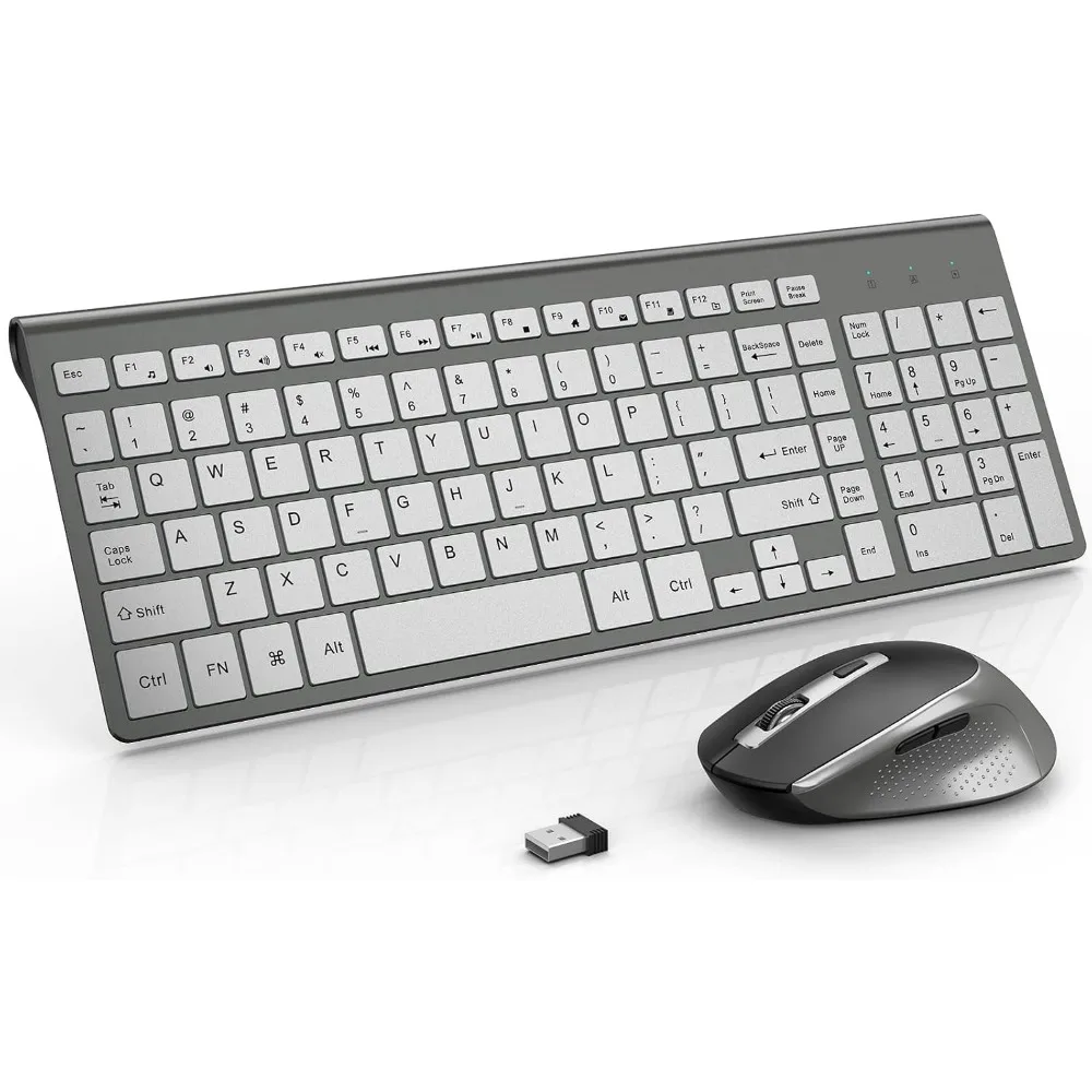 Slim and Ergonomic Wireless Keyboard and Mouse Combo, Ideal for Laptop, Computer, and Desktop - Grey/Silver