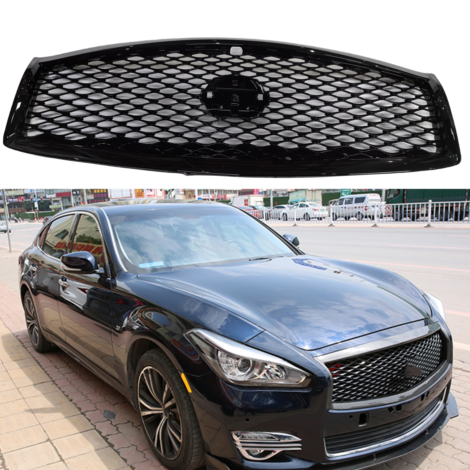 

Car Front Grill Grille Upper Bumper Hood Mesh with Camera Hole For Infiniti Q70 Q70L 2015 2016 2017 2018 2019