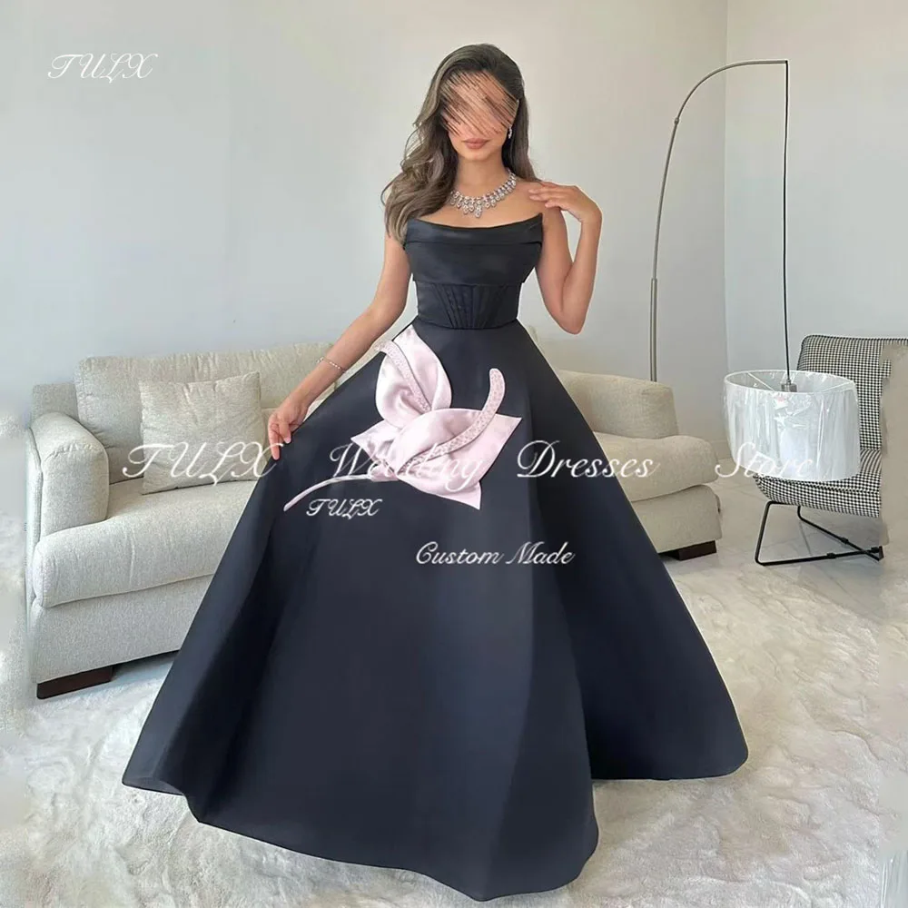 

TULX Elegant Black Strapless Dubai Evening Dress with Pink 3D Flower for Woman Wedding Party Prom Gown فستان سهرة Customized