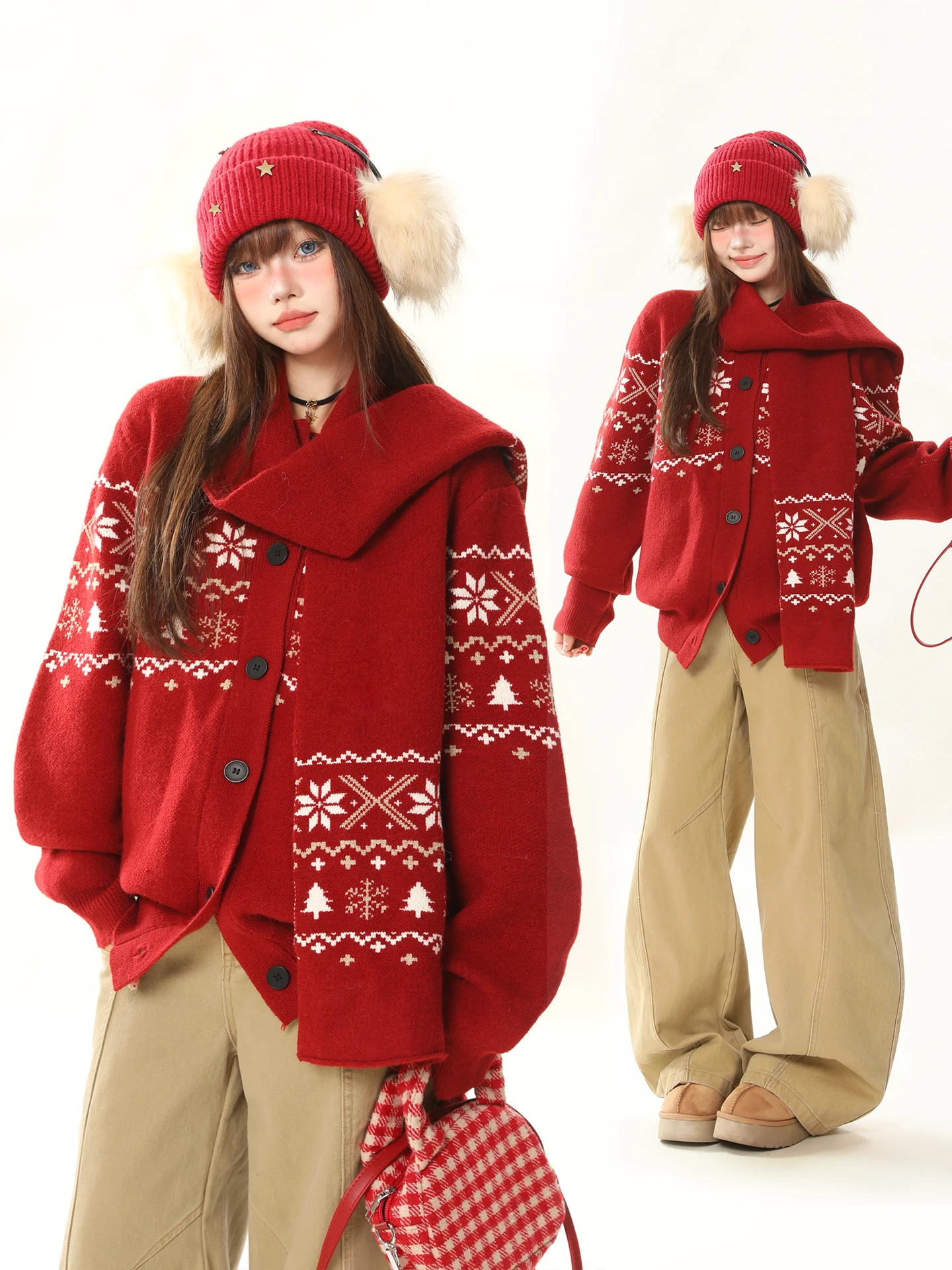 

Красный вязаный свитер-кардиган женский, свободного кроя, с узором Fair Isle, в новогоднем стиле, с шарфом, длинный рукав