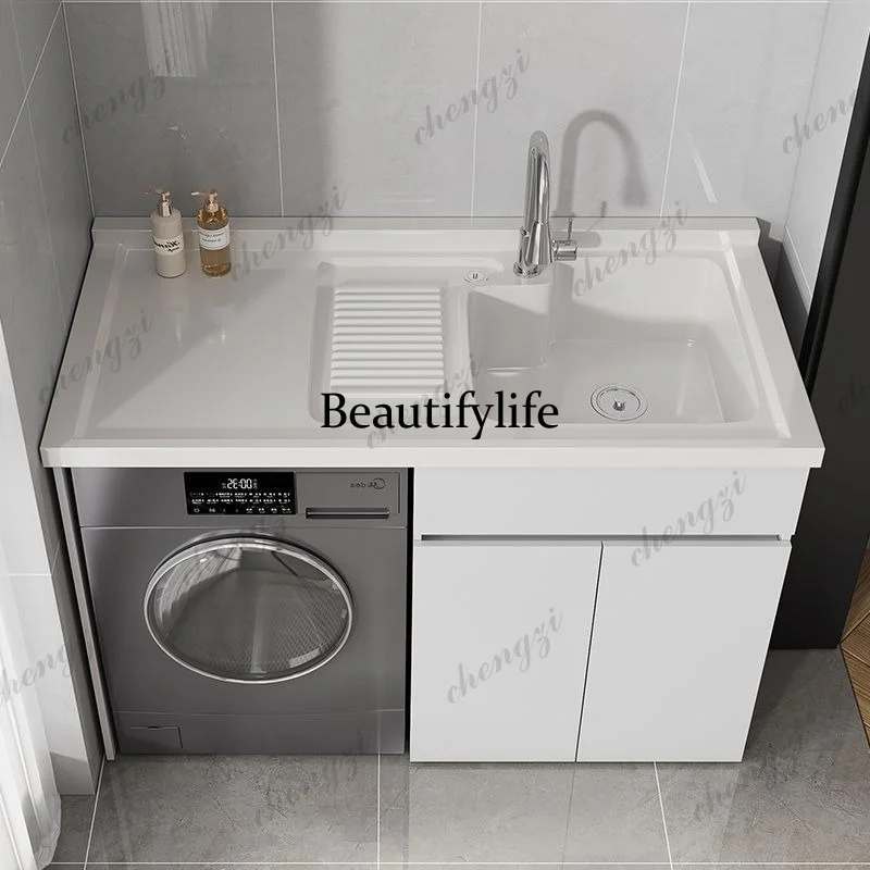 L181 Mueble de Lavandería Nórdico Creativo para Balcón con Lavadero y Tabla de Lavar, Mueble para Lavadora, Mueble de Baño, Arredo Bagno FY